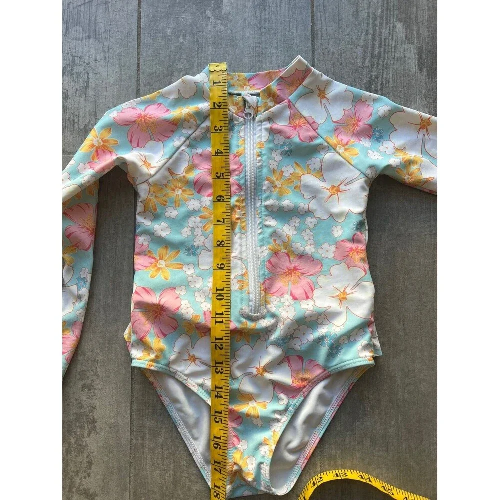 Los Angeles Boutique Girls Floral One Piece Zip Front Long Sleeve Swim Beach 4-5